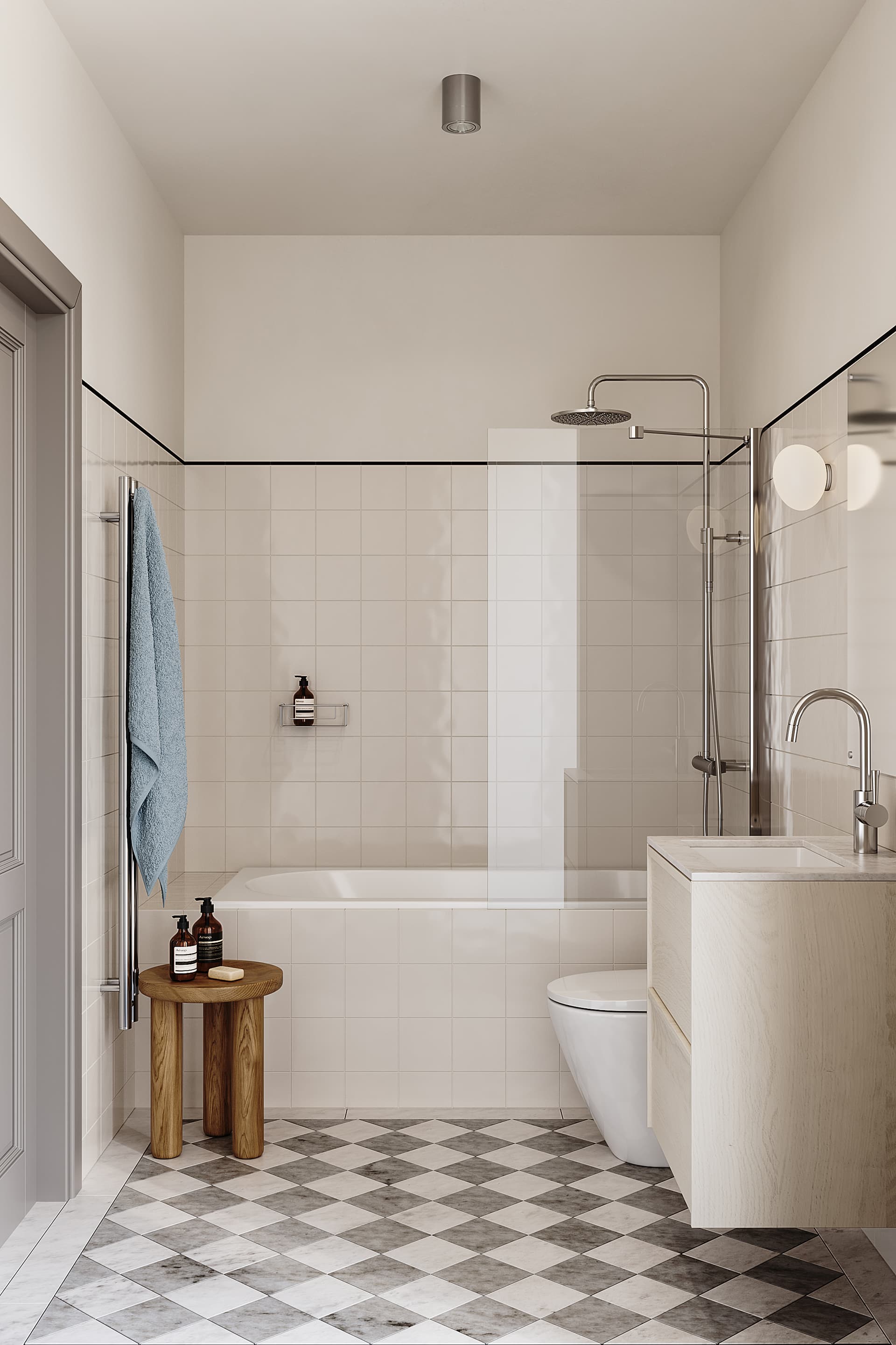 Modern bathroom with bathtub and shower combo in neutral tones.